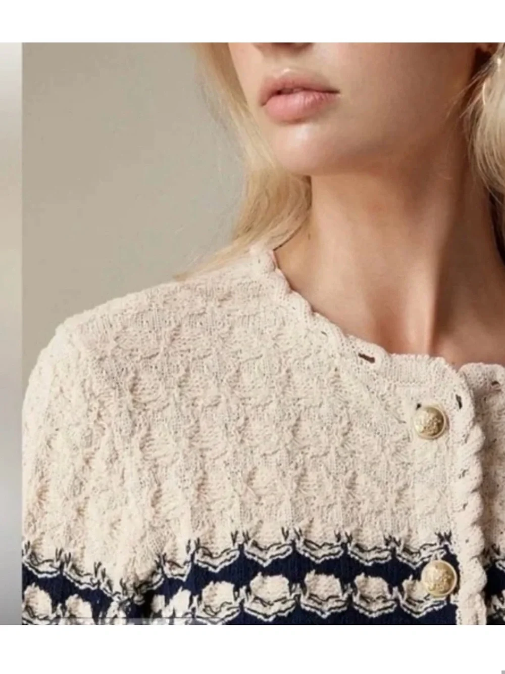 NWT J.Crew Textured Knit Cropped Cardigan Sweater Navy Cream‎ Gold Buttons Small